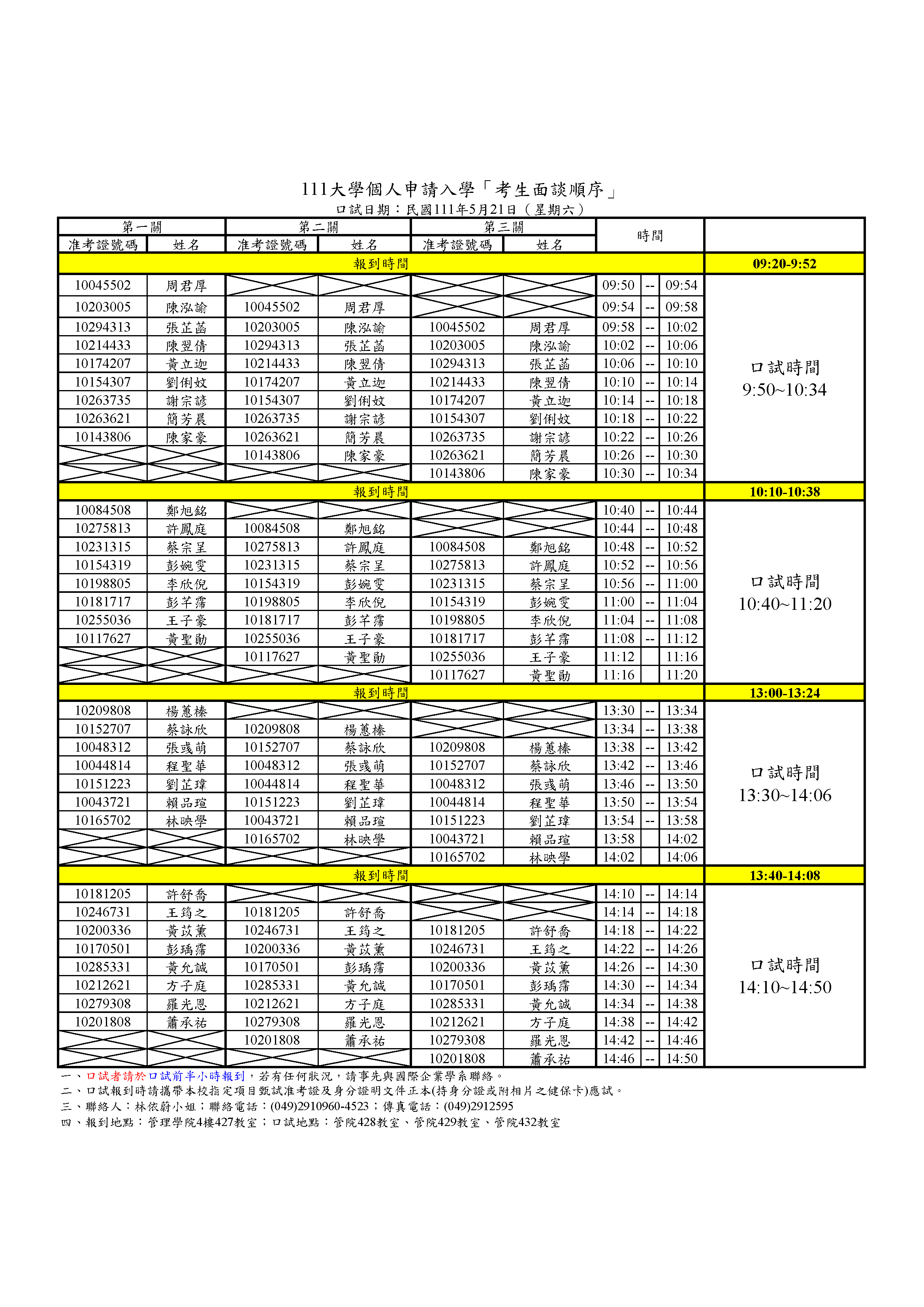 111學年度大學甄試口試時間表111.05.21