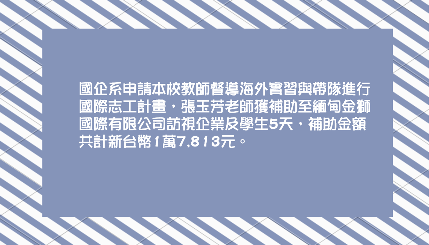 國企系申請本校教師督導海外實習與帶隊進行國際志工計畫獲補助至緬甸金獅國際有限公司訪視企業及學生