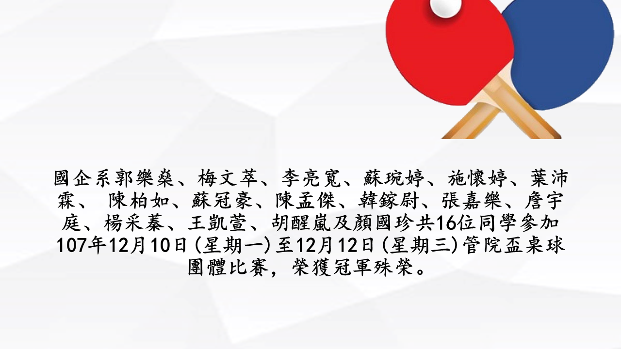 恭喜國企系同學參加107年12月10日(星期一)至12月12日(星期三)管院盃桌球團體比賽，榮獲冠軍殊榮。