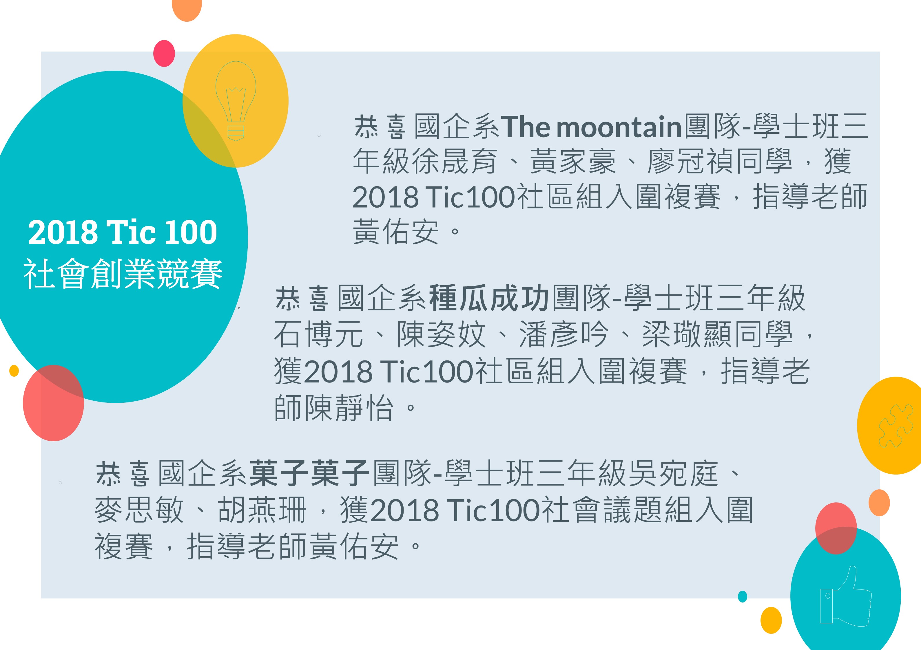 恭喜本系學生入圍2018 Tic100 複賽