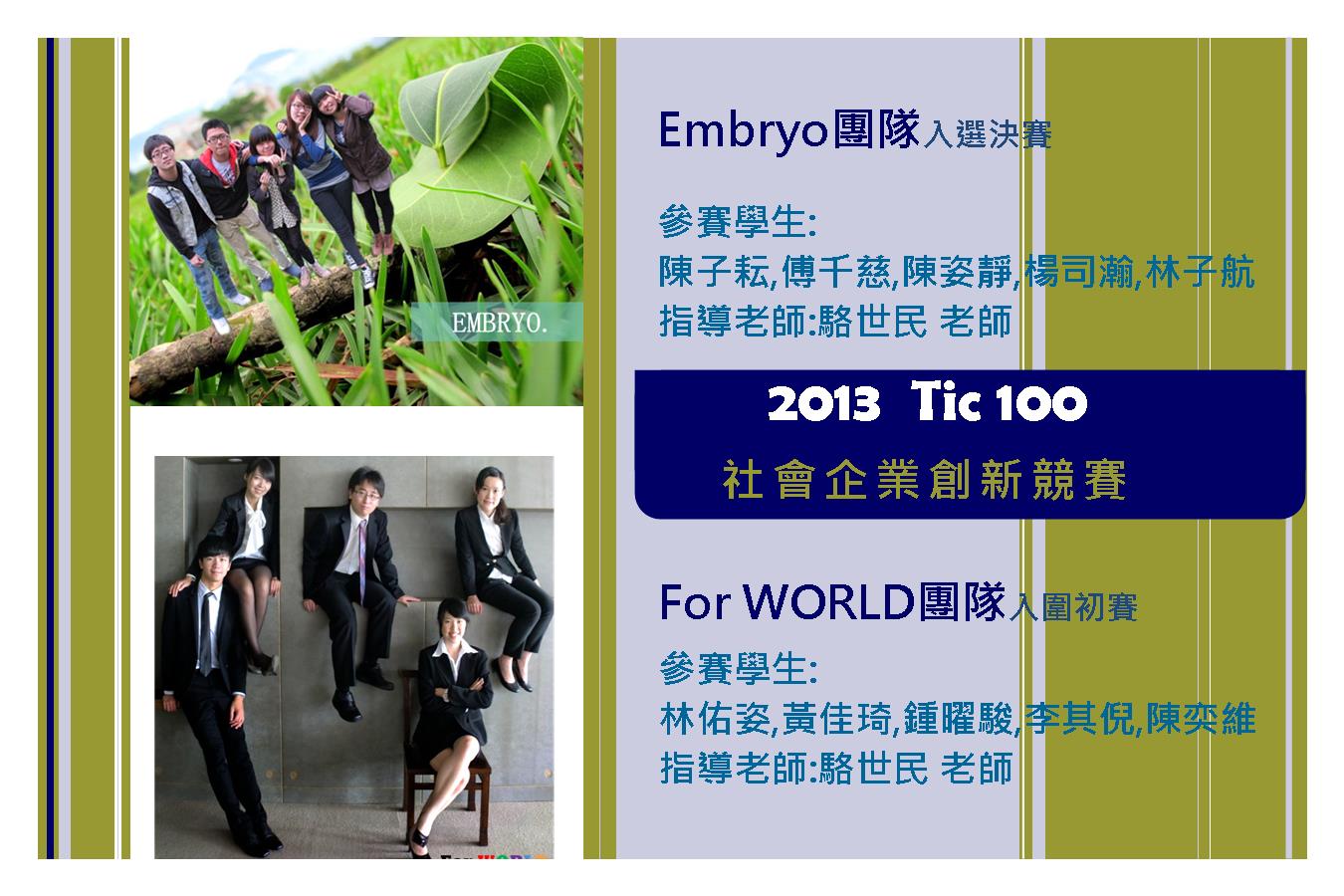 本系學生參加2013 TiC100社會企業創新競賽優秀表現
