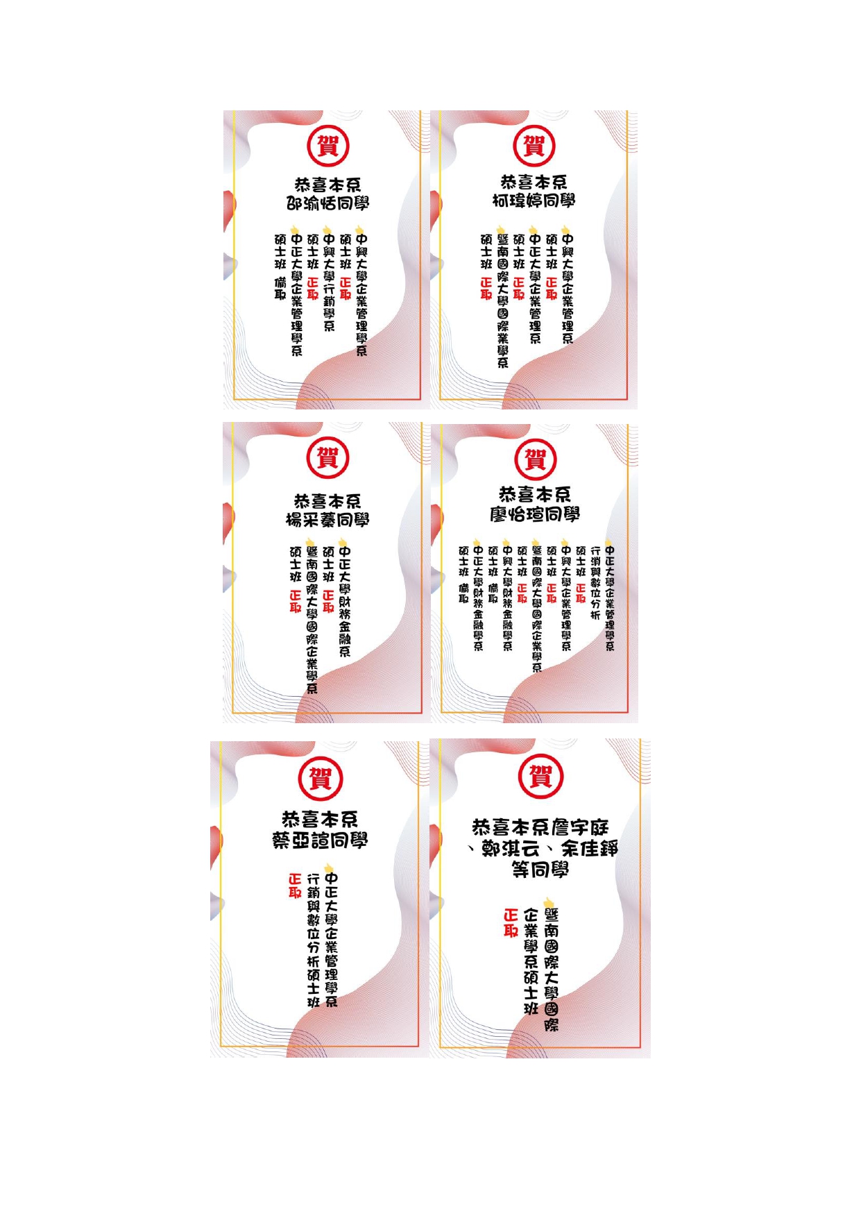 國企系考取111學年度碩士班甄試錄取名單